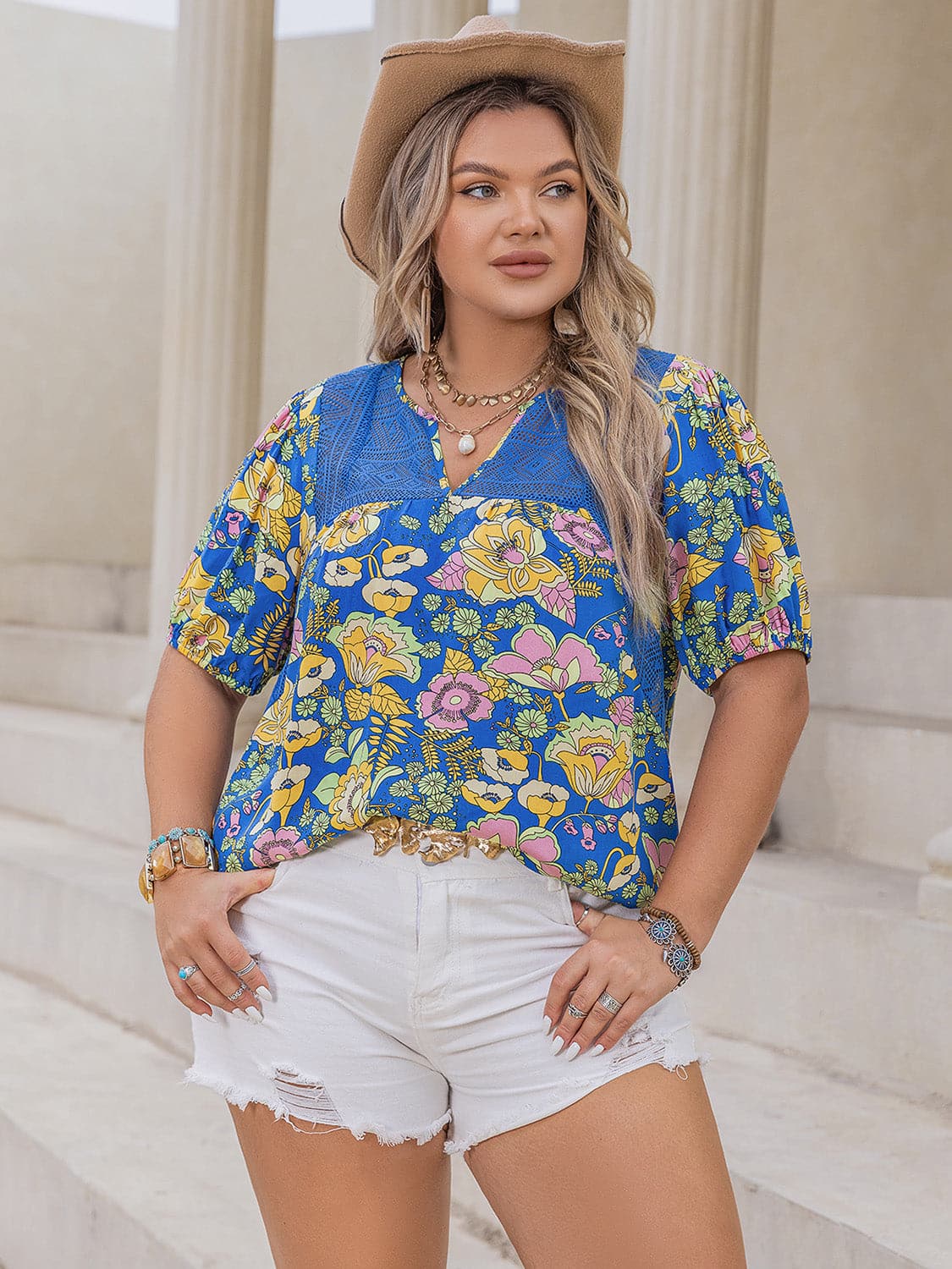 Plus Size Printed Notched Short Sleeve Blouse.