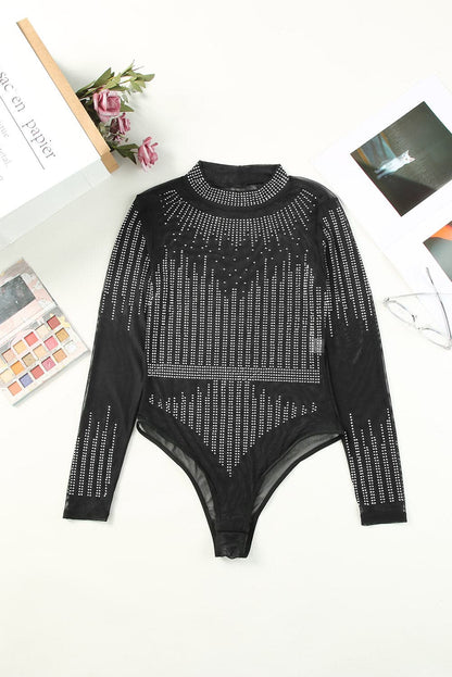 Rhinestone Round Neck Long Sleeve Bodysuit.