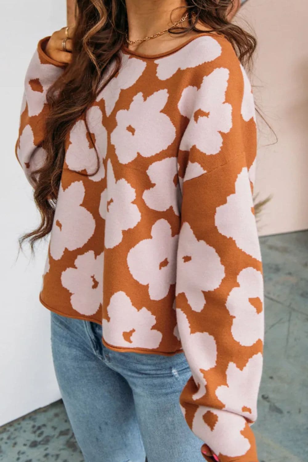 Flower Round Neck Long Sleeve Knit Top.