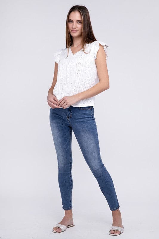 Ruffle Sleeve V Neck Top.