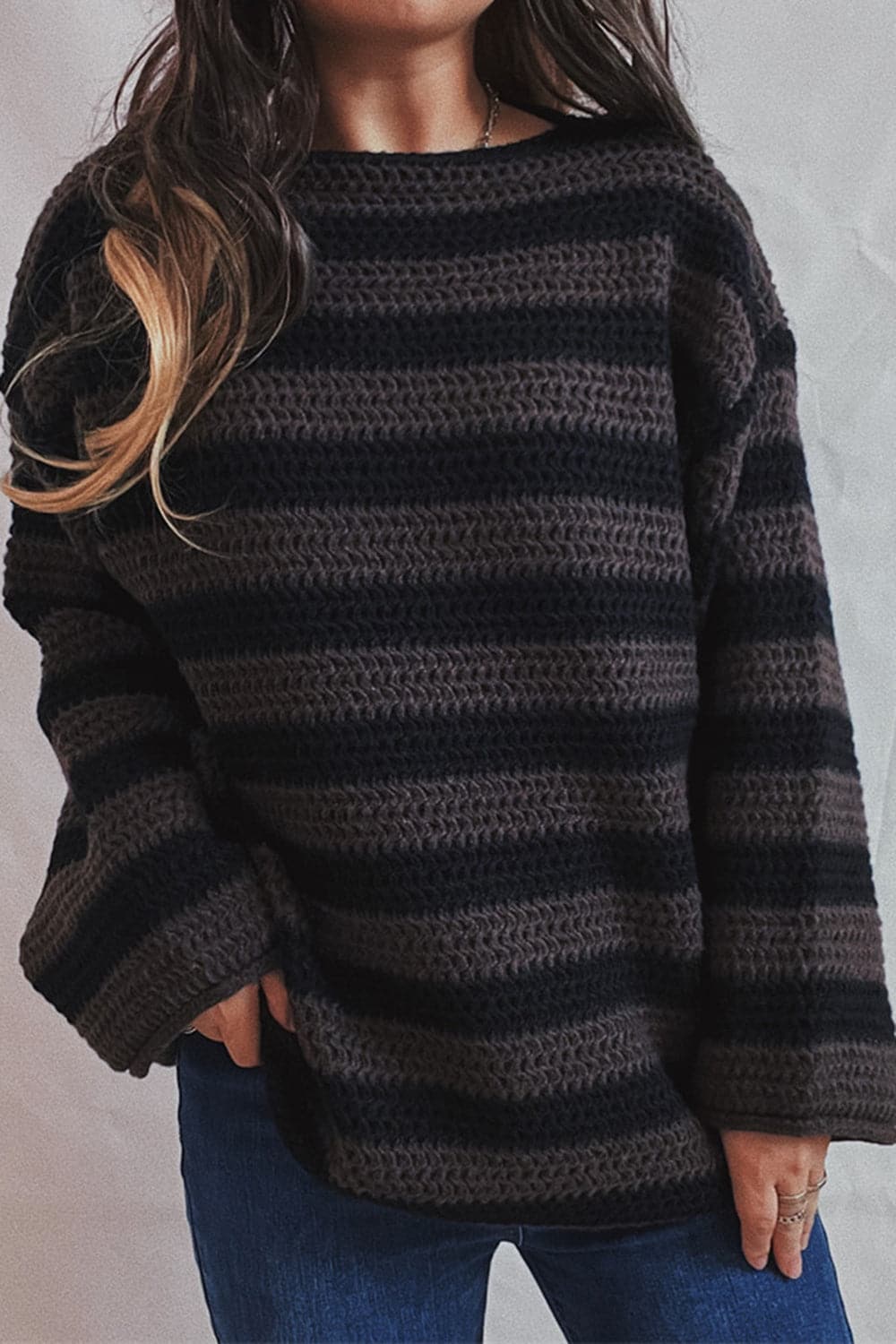 Striped Round Neck Dropped Shoulder Sweater.