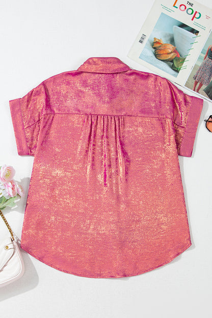 Rose Red Metallic Short Sleeve Casual Button-Up Shirt