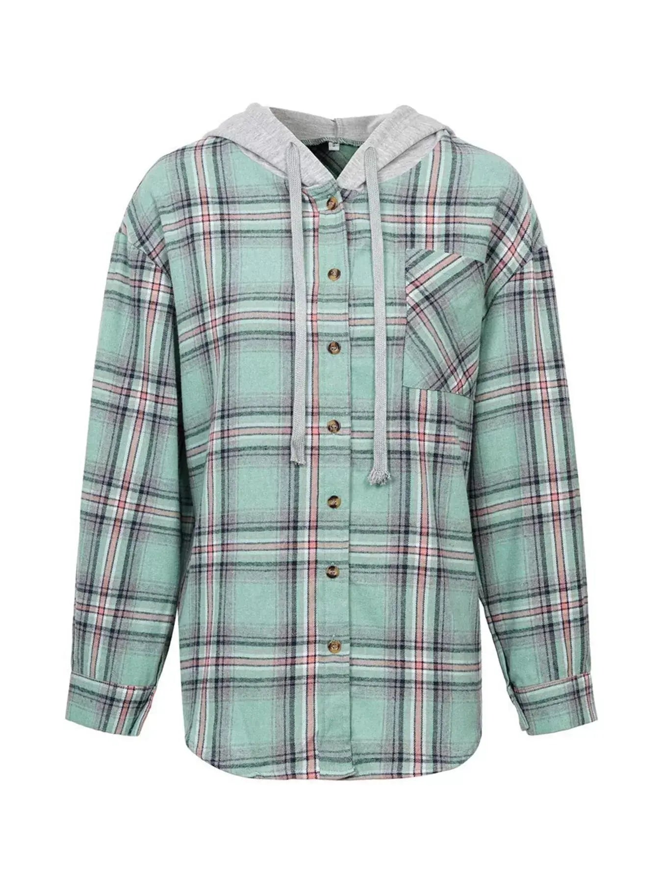 Hooded Plaid Button-Up Shirt Simply Love