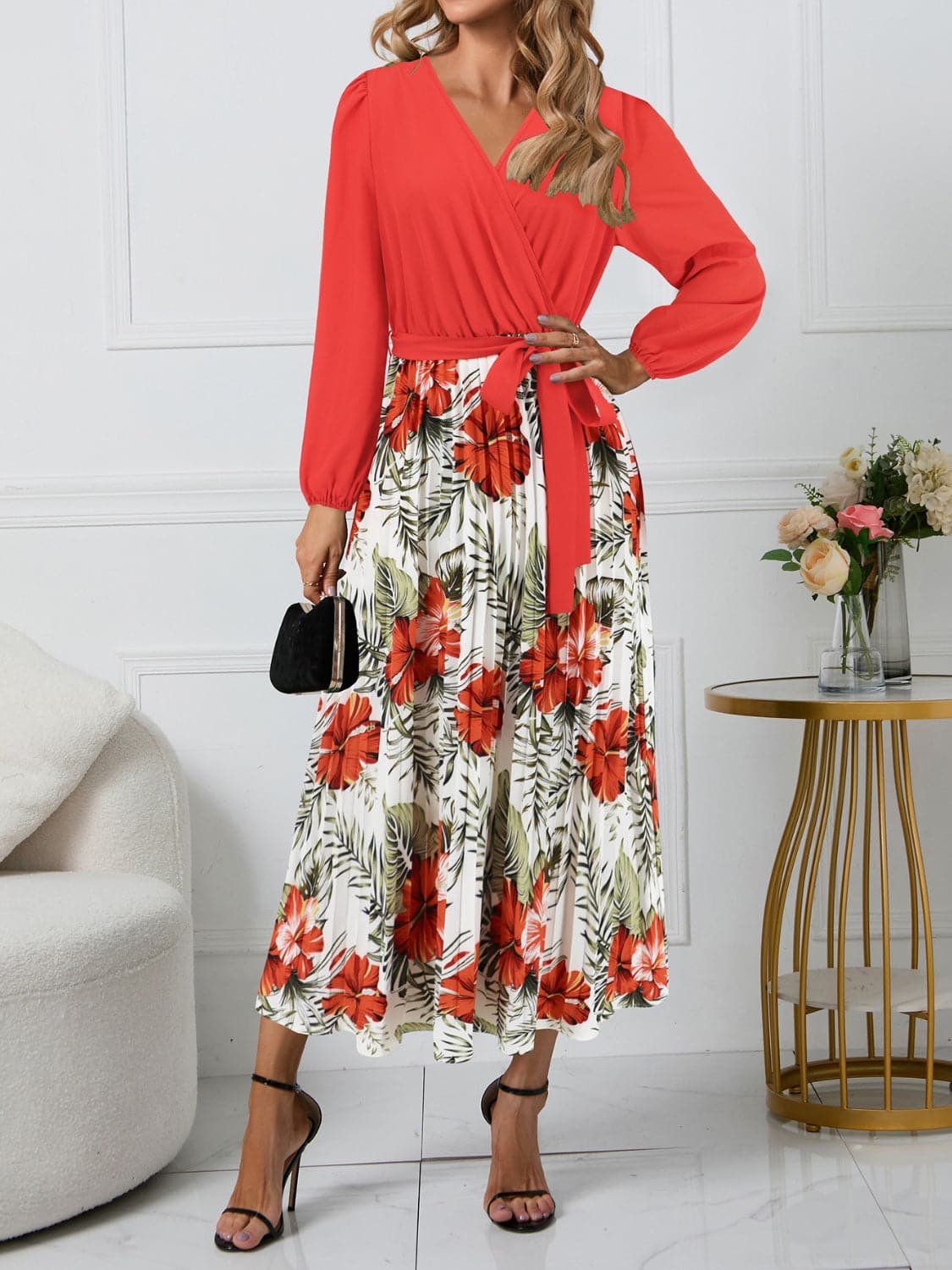 Pleated Printed Surplice Long Sleeve Dress.