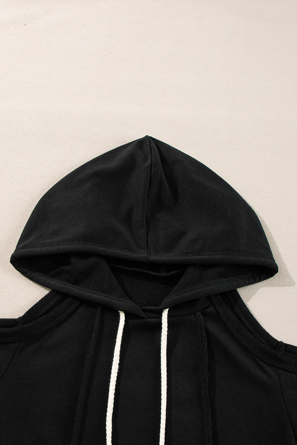 Chic cold shoulder drawstring hoodie with exposed seam details