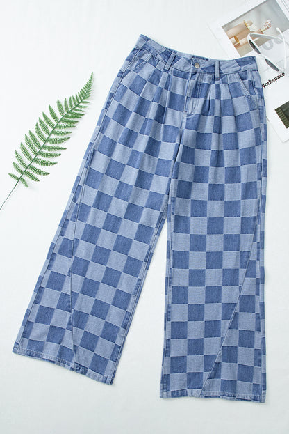 Dusk Blue Plaid Wide Leg Denim Trousers