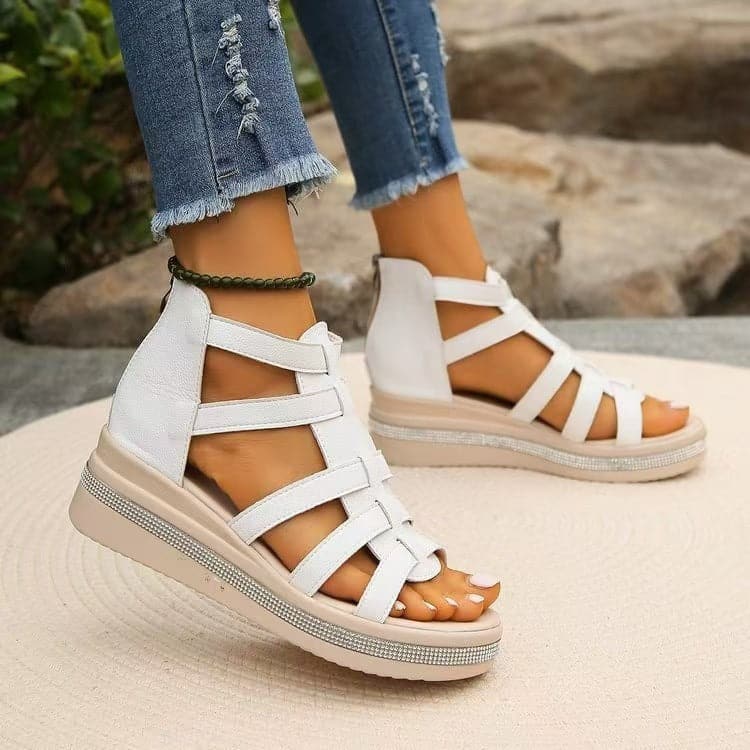 Cutout Rhinestone Trim Wedge Sandals.