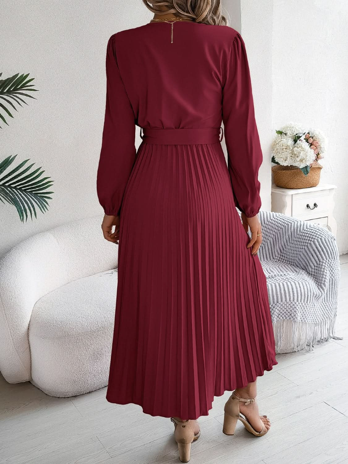 Elegant V-Neck Long Sleeve Dress with Sheer Tied Design