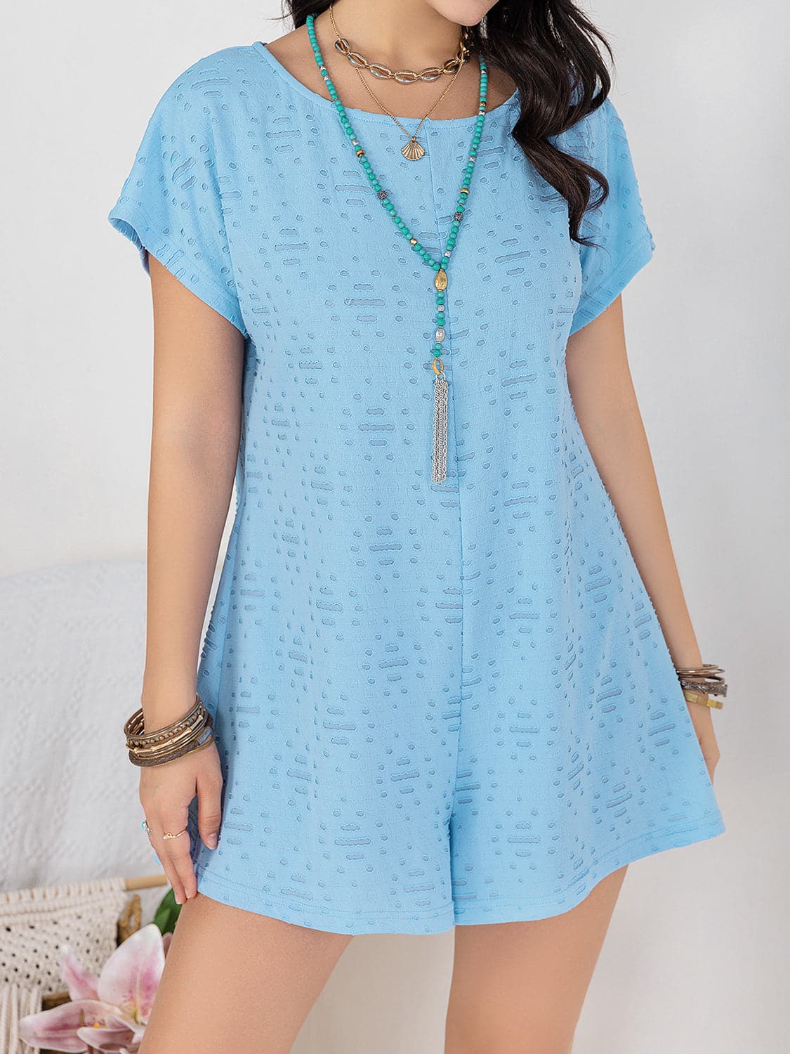 Round Neck Short Sleeve Romper.