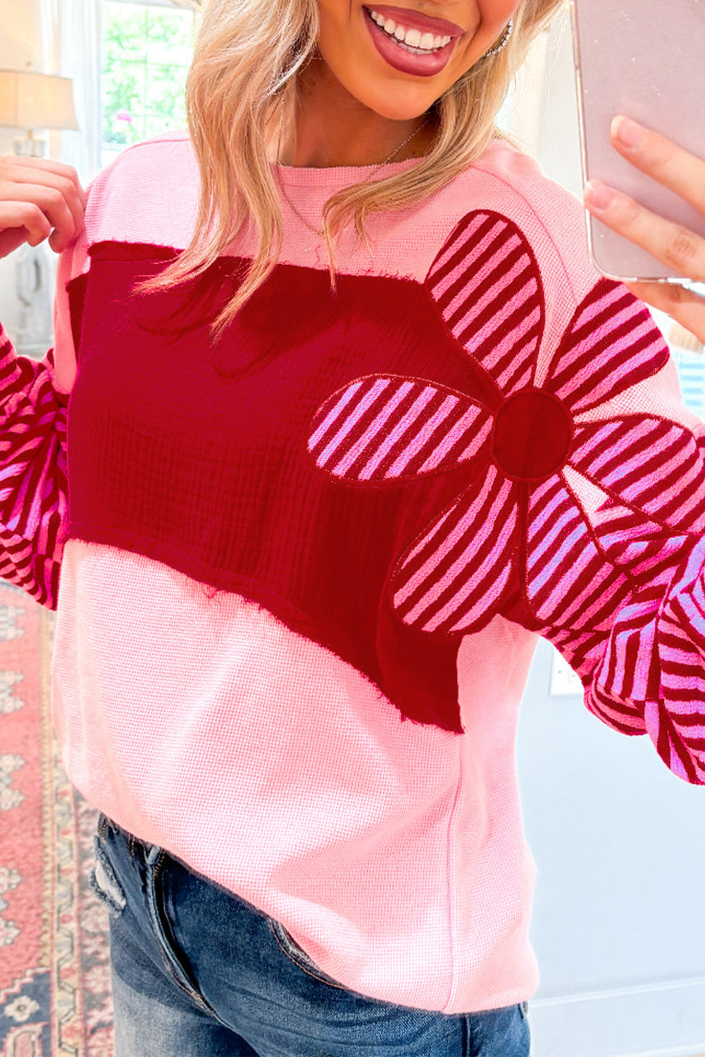 Color Block Pink Floral Textured Top with Striped Sleeves