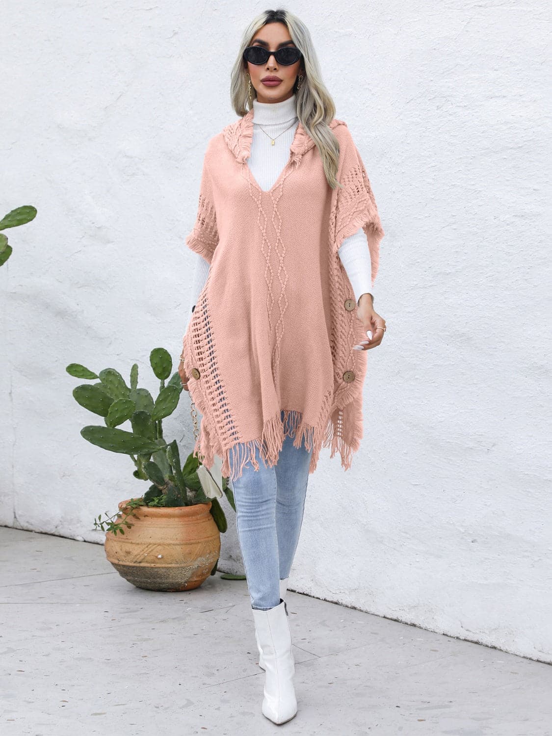 Fringe Trim Buttoned Hooded Poncho.