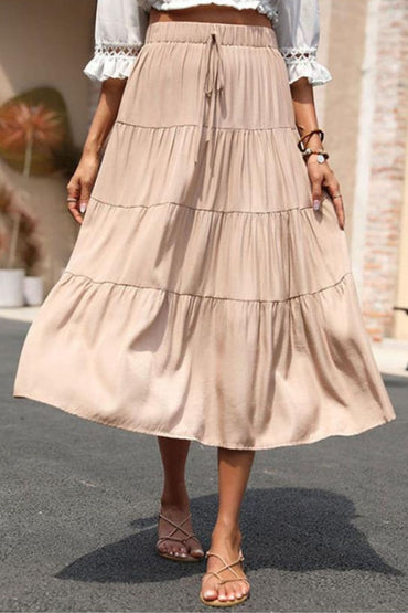 Elastic Waist Tiered Midi Skirt.