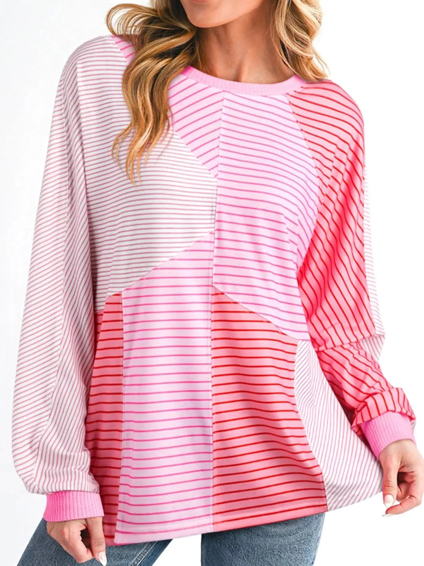 Striped Colorblock Exposed Seam Casual Long Sleeve Top Polyester Blend Simply Love
