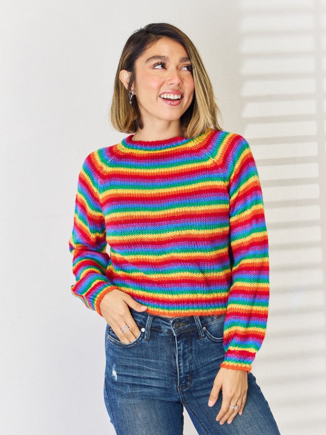 Striped Round Neck Long Sleeve Sweater.