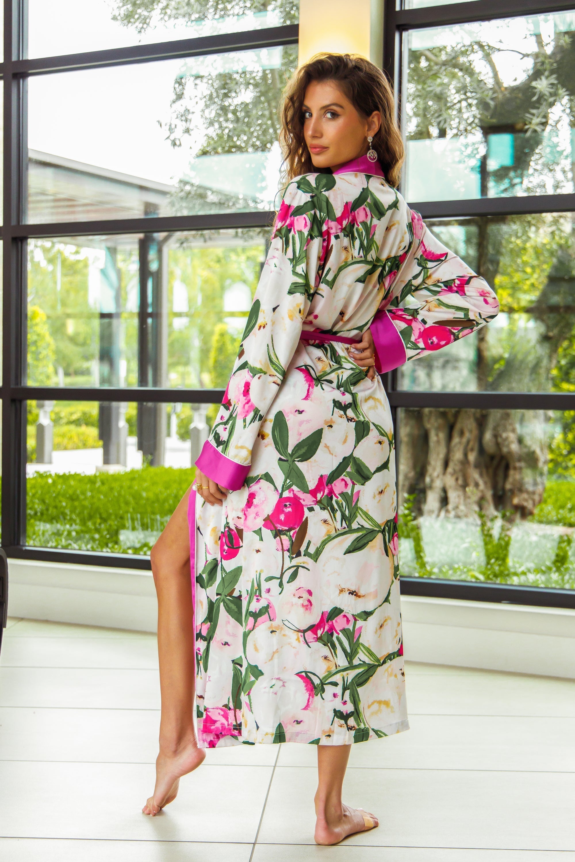 Pink Flower Print Silky Satin Robe With Belt Loungewear Hello.LA.Girl