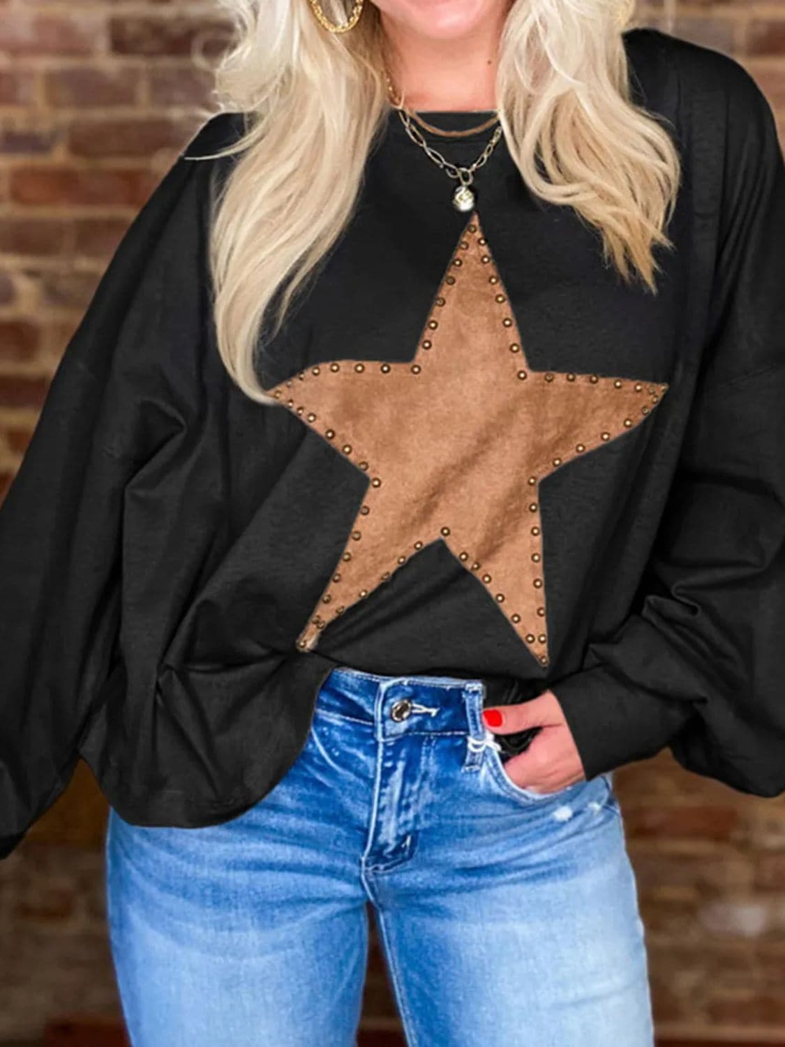 Star Round Neck Long Sleeve BlouseFeatures: Basic style
Sheer: Opaque
Stretch: Slightly stretchy
Material composition: 85% polyester, 10% cotton, 5% elastane
Care instructions: Machine wash cold. TumLove Salve Star Round Neck Long Sleeve BlouseShirts