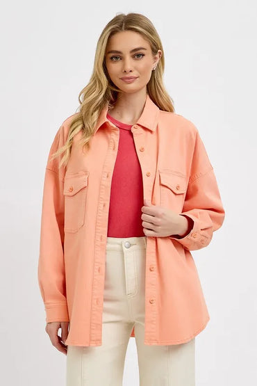 Risen Full Size Button Down Long Sleeve Denim Shacket with Chest Pockets Plus Size - Love Salve 