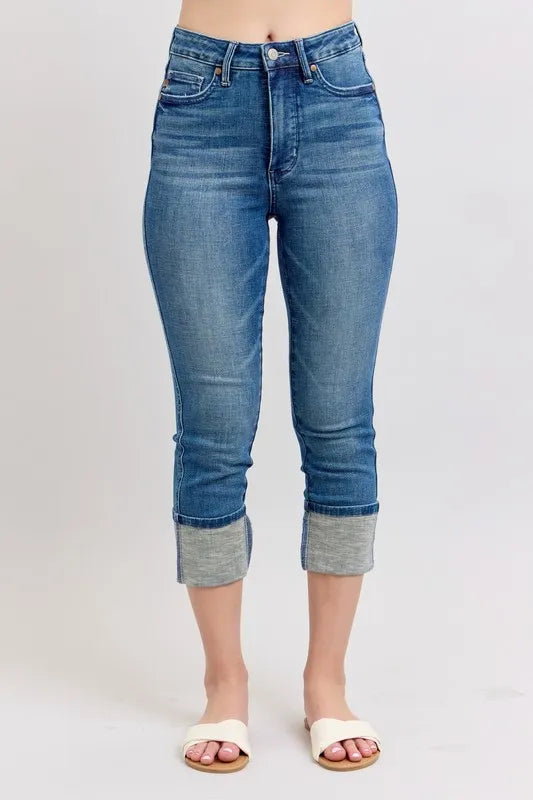 Judy Blue Plus Size Skinny Cuff Capris Jeans with Pockets - Love Salve 