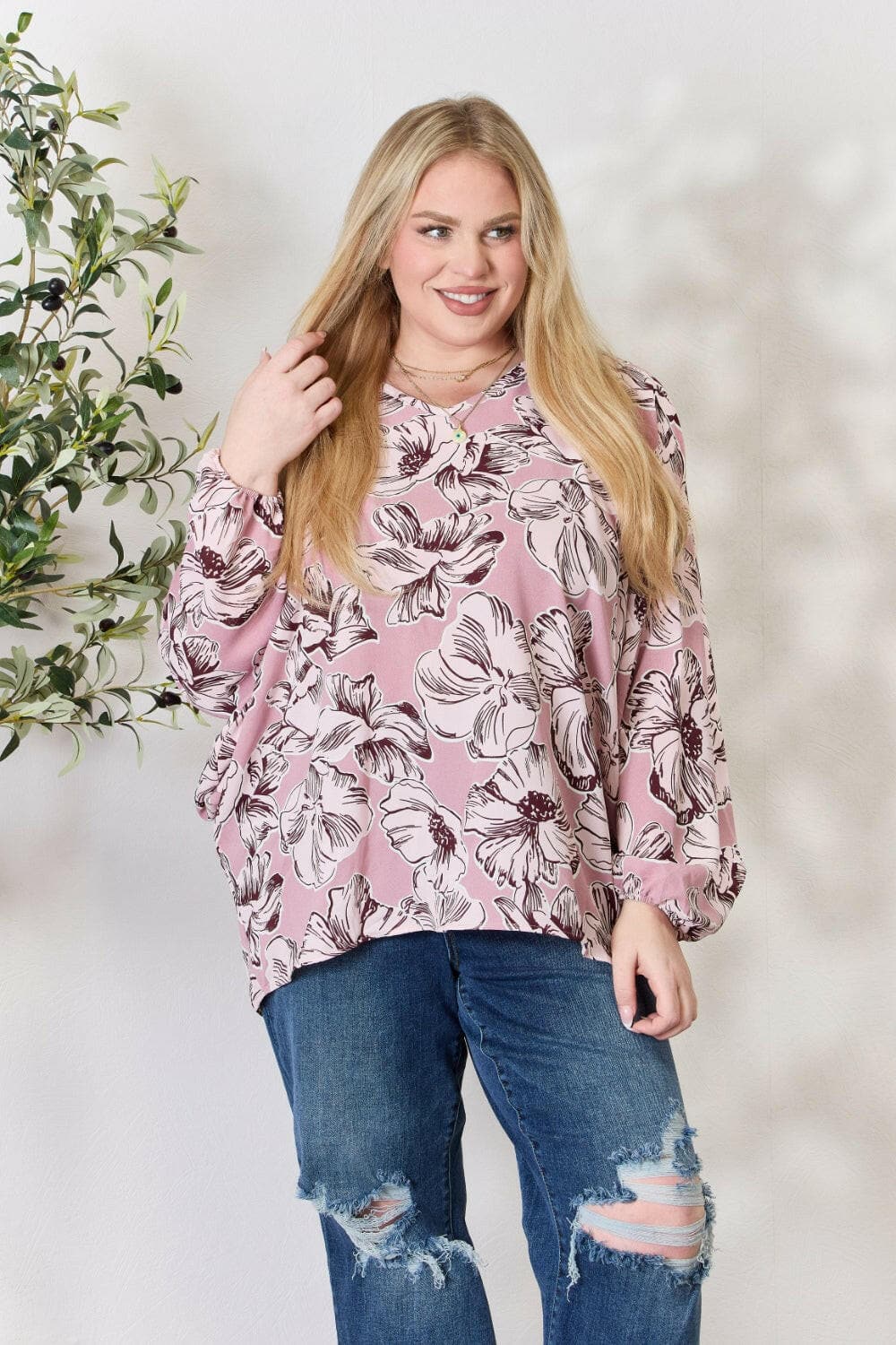 Heimish Full Size Floral V-Neck Balloon Sleeve Blouse.