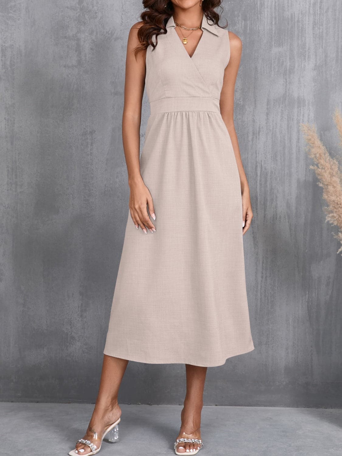 Ruched Sleeveless Midi Dress.