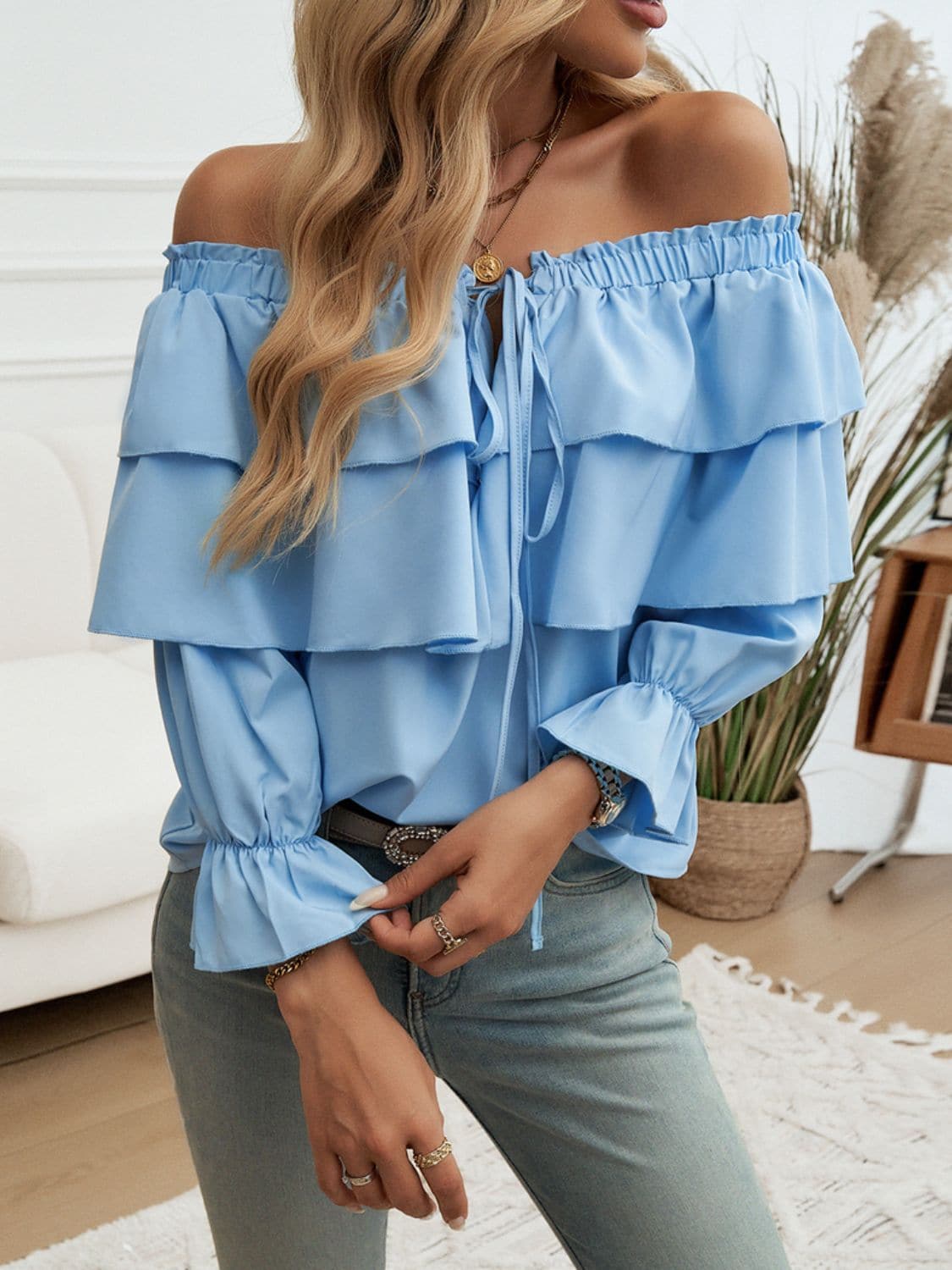 Off-Shoulder Flounce Sleeve Blouse.