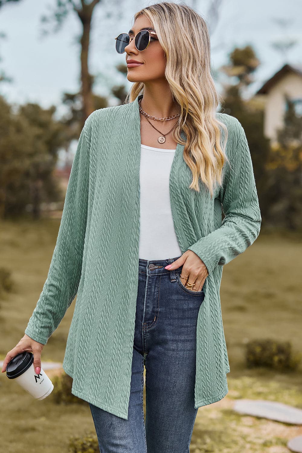 Textured Open Front Long Sleeve Cardigan.