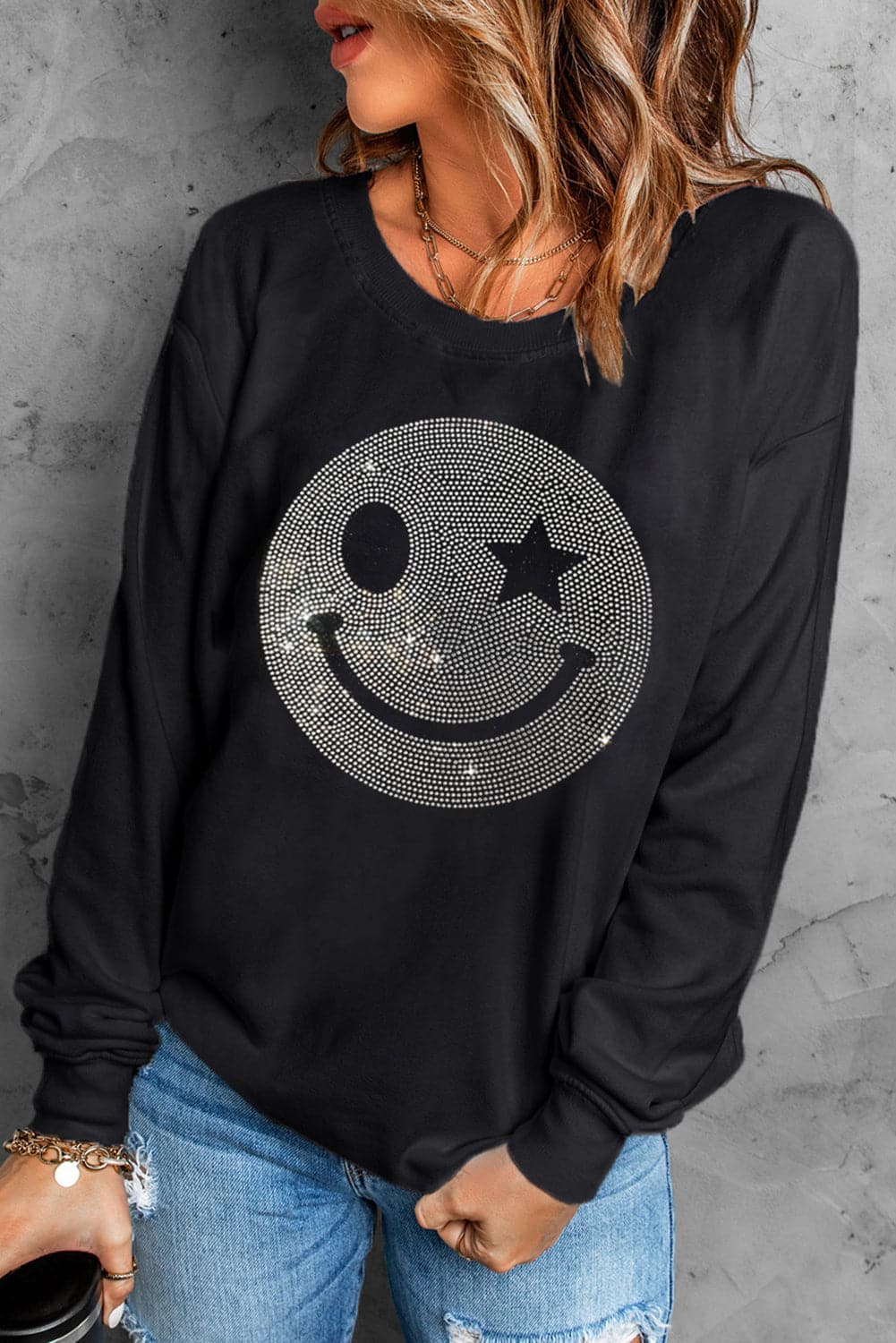 Rhinestone Smile Long Sleeve Sweatshirt.