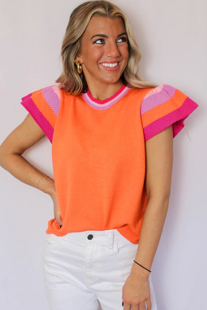 Carrot color block knitted sweater with flutter sleeves