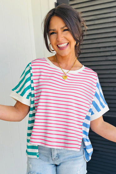Pink Stripe Mixed Pattern Patchwork Uneven Hem Loose Tee