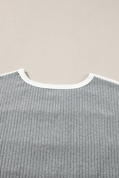 Chic gray ribbed color block tee with stylish patchwork design