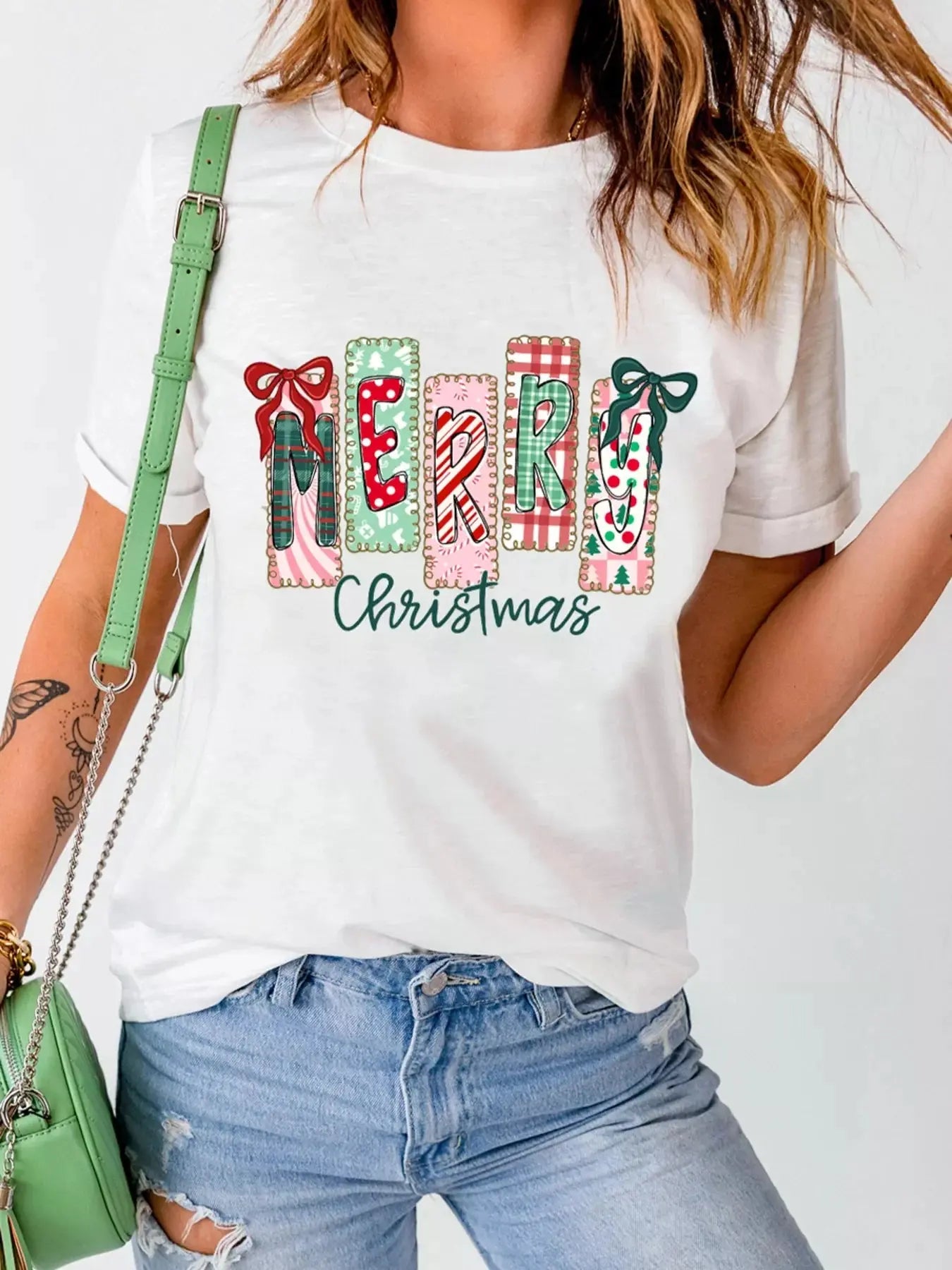 Merry Christmas Ribbon Bow Detail Holiday Graphic Tee Simply Love