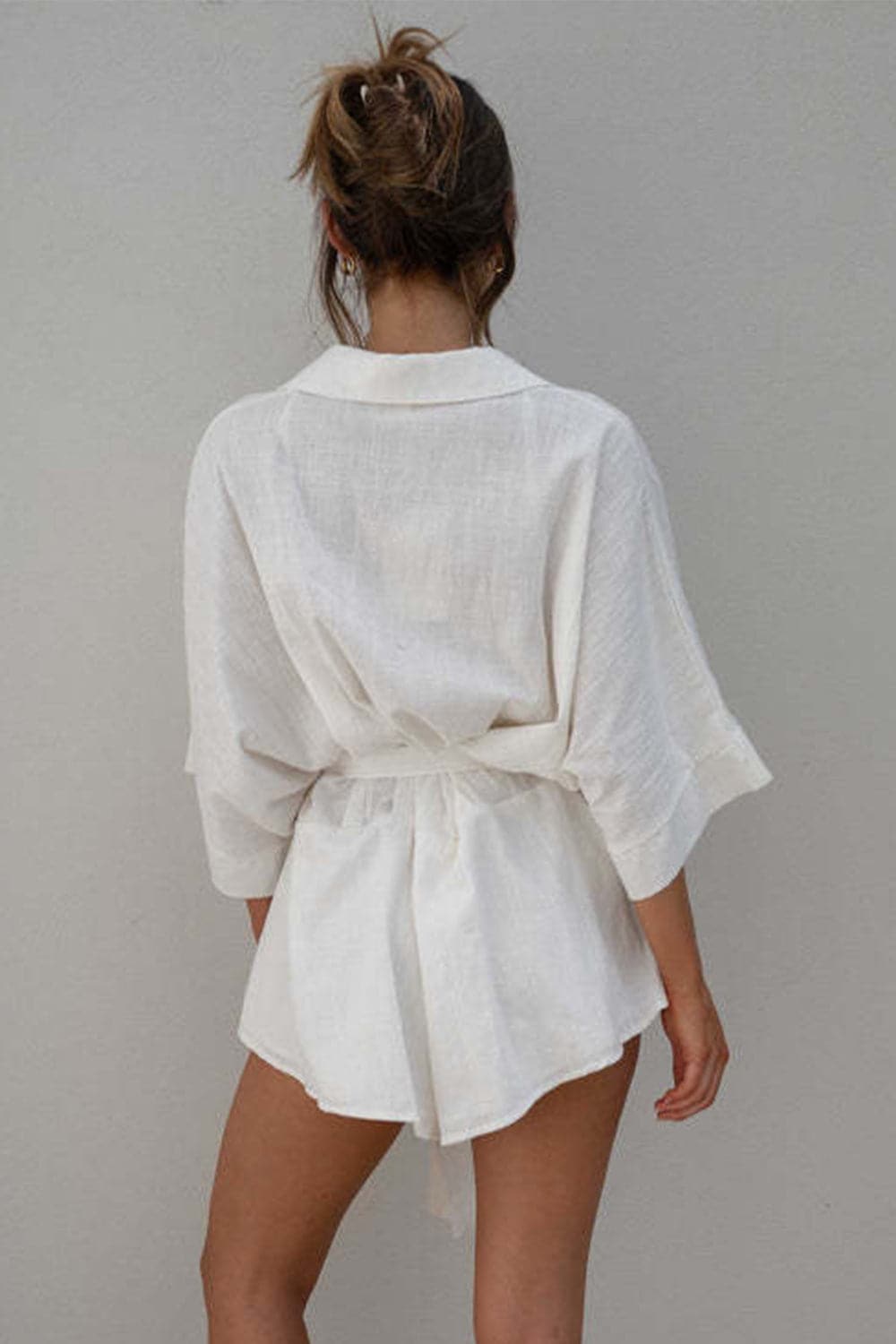 Tied Button Up Collared Neck Romper.