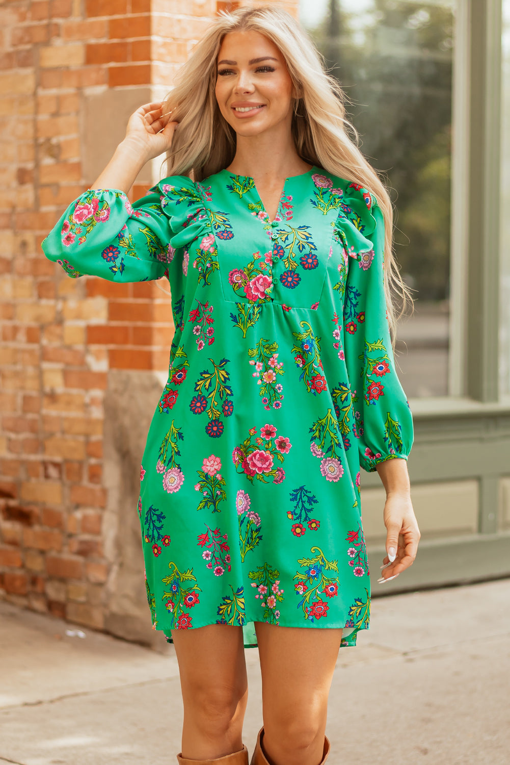 Premium Green Floral Ruffled Three Quarter Sleeve Buttoned Dress Dear-Lover Dropshipping