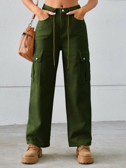 Drawstring Mid-Rise Waist Straight Cargo Jeans.