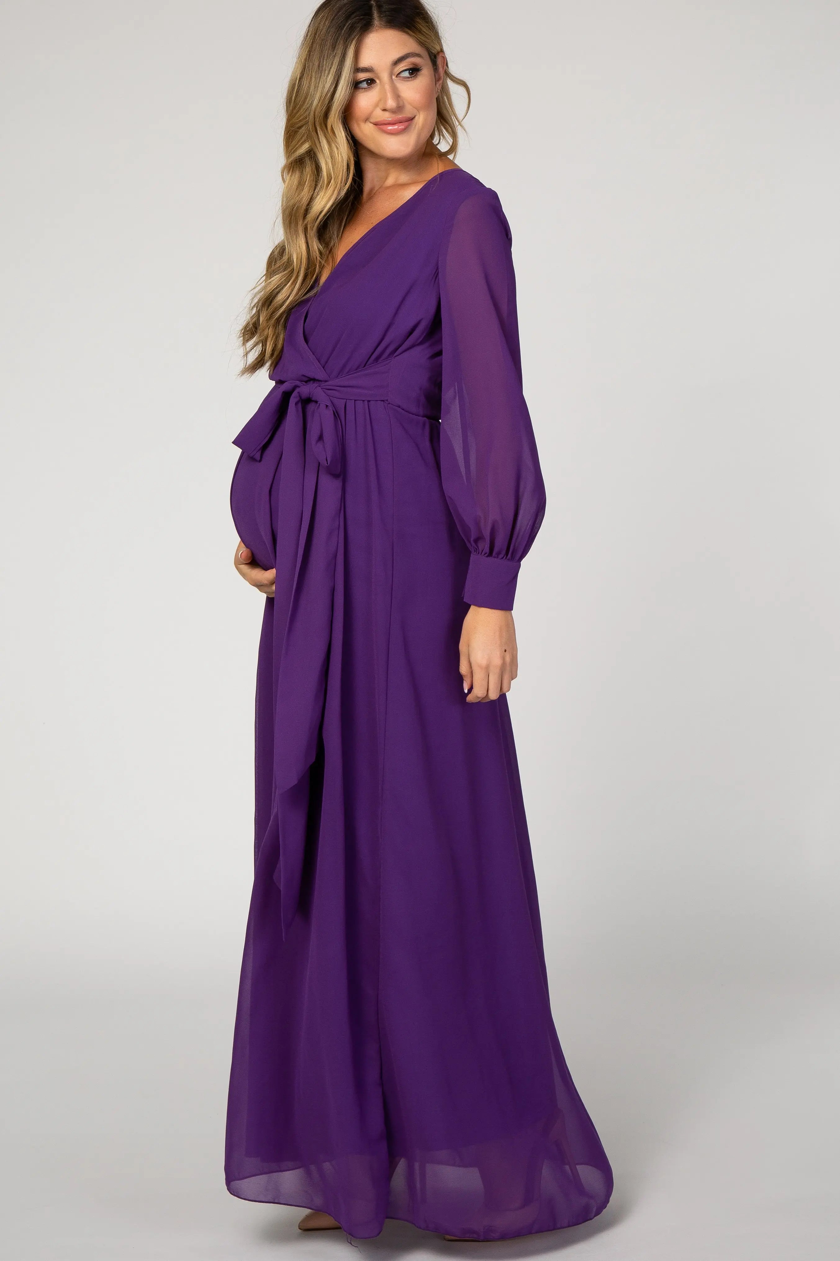 Purple Chiffon Long Sleeve Pleated Maternity Maxi Dress PinkBlush