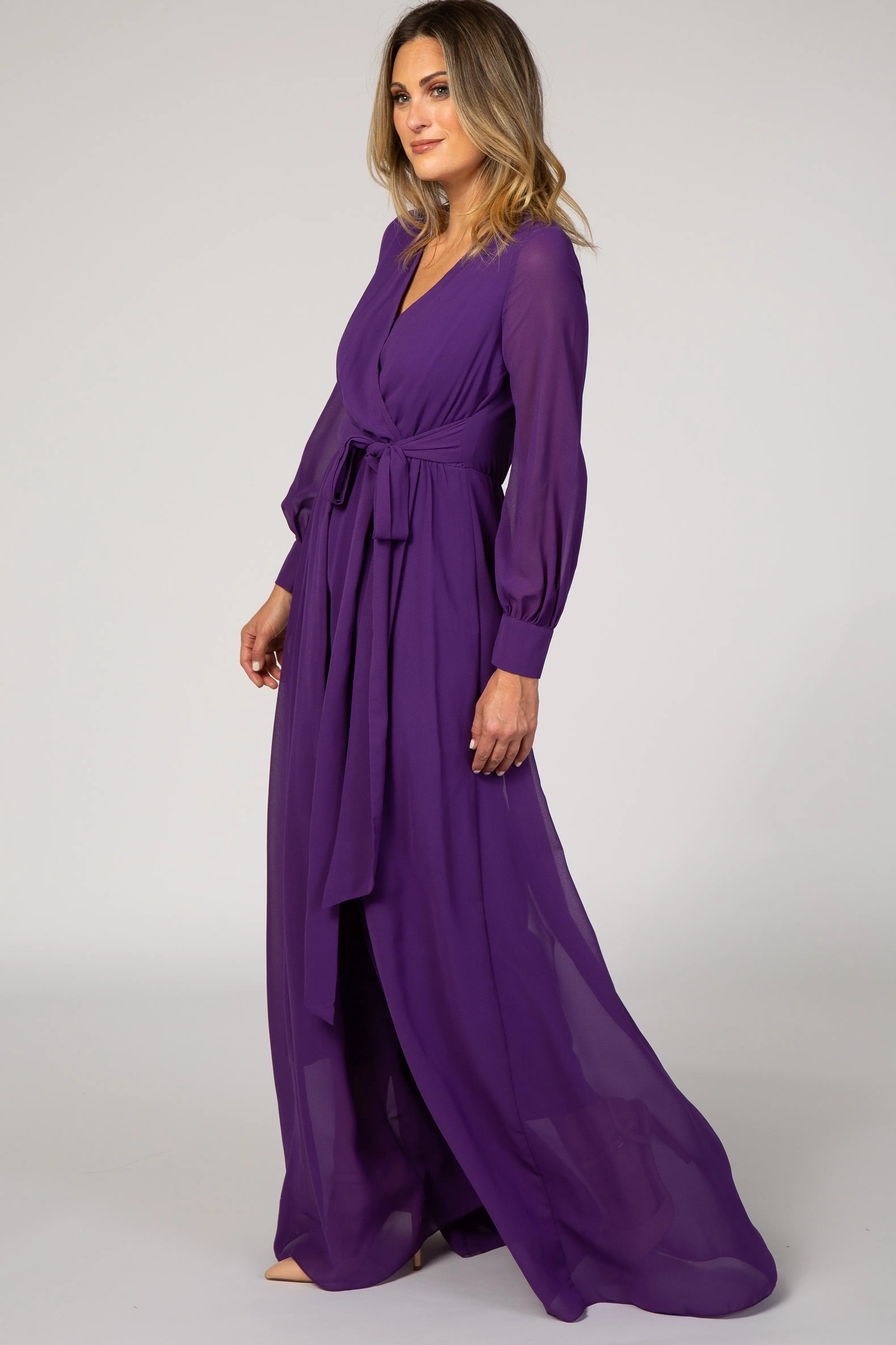 Purple Chiffon Long Sleeve Pleated Maxi Dress PinkBlush