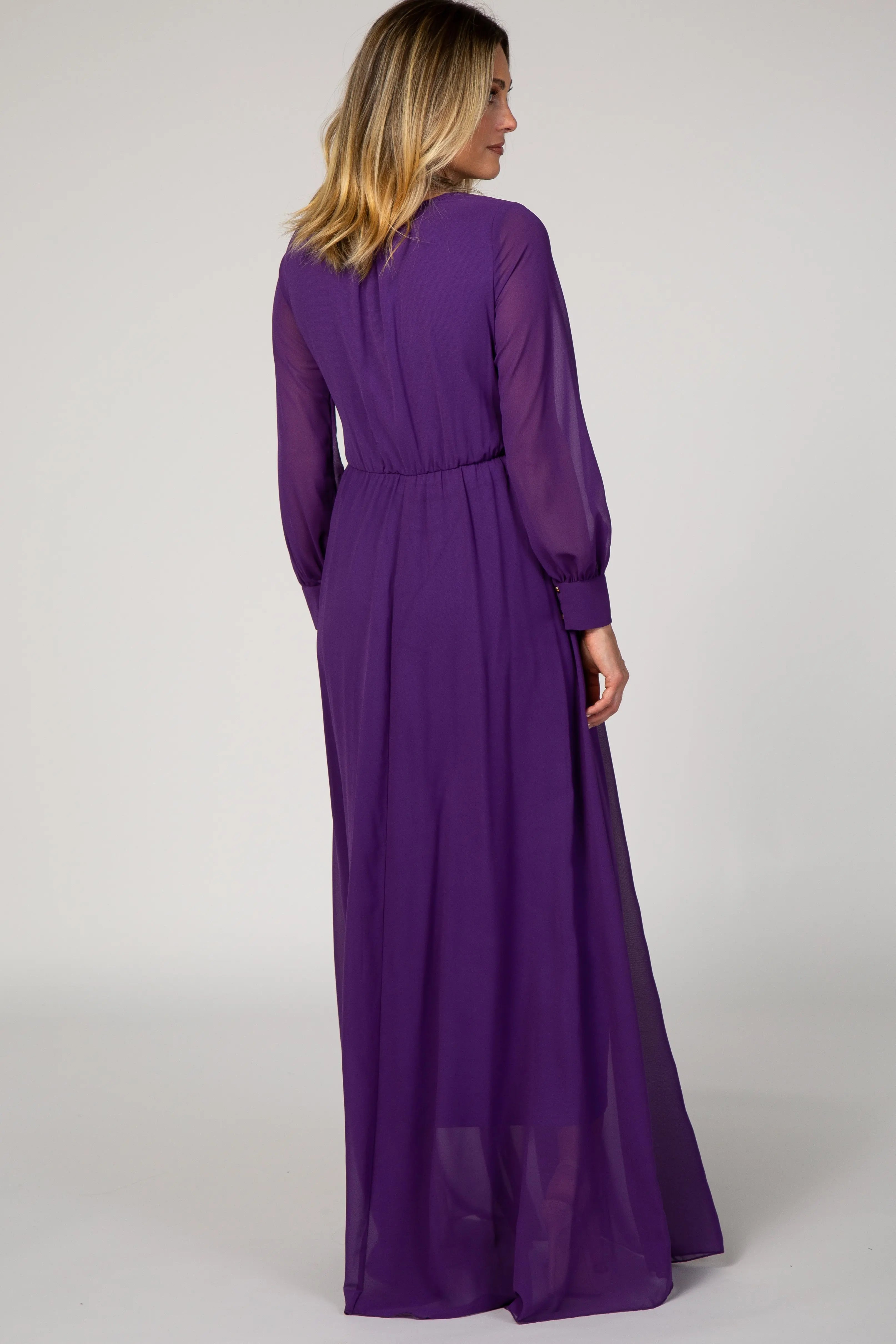 Purple Chiffon Long Sleeve Pleated Maxi Dress PinkBlush