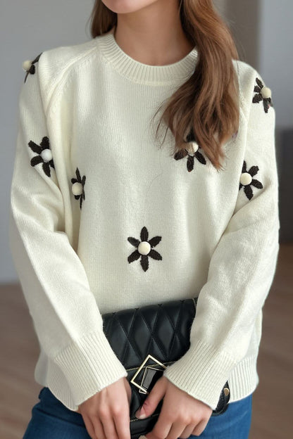 Flower Round Neck Raglan Sleeve Sweater