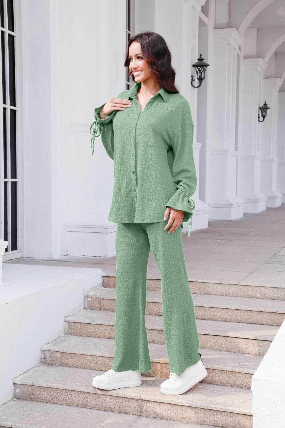 Drawstring Flounce Sleeve Shirt and Pants Set.