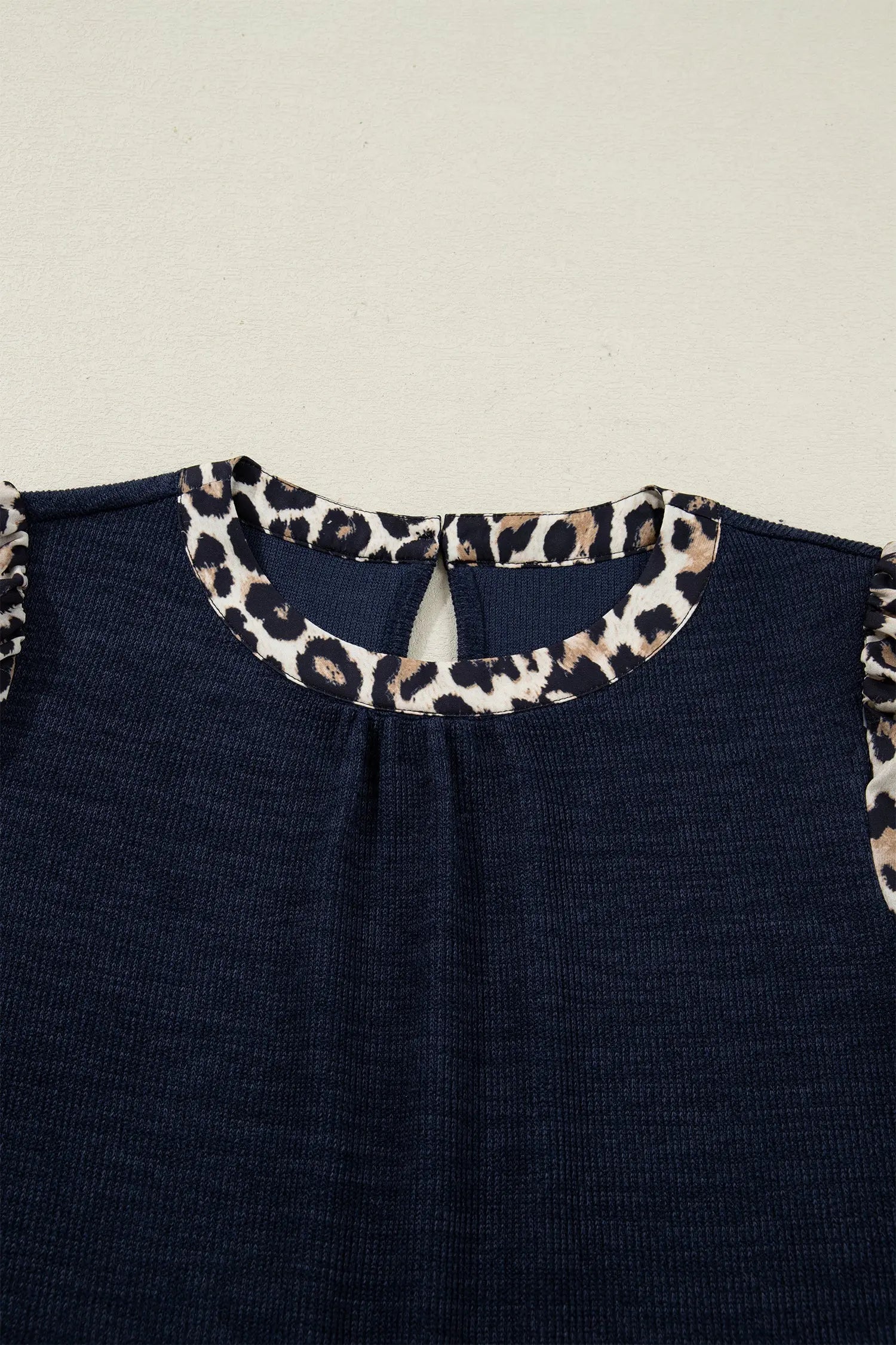 Navy Blue Ribbed Patchwork Leopard Short Sleeve Top For Women Dear-Lover Dropshipping