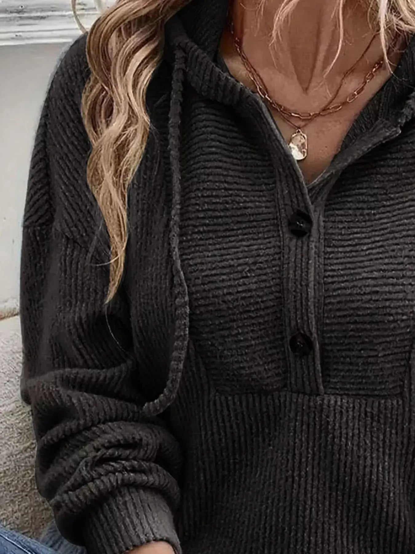Button-Front Drawstring Hoodie Simply Love