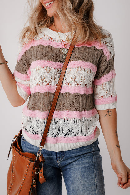 Elegant brown striped crochet sweater