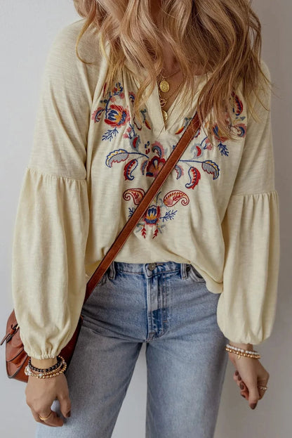 Embroidered sheer long sleeve top