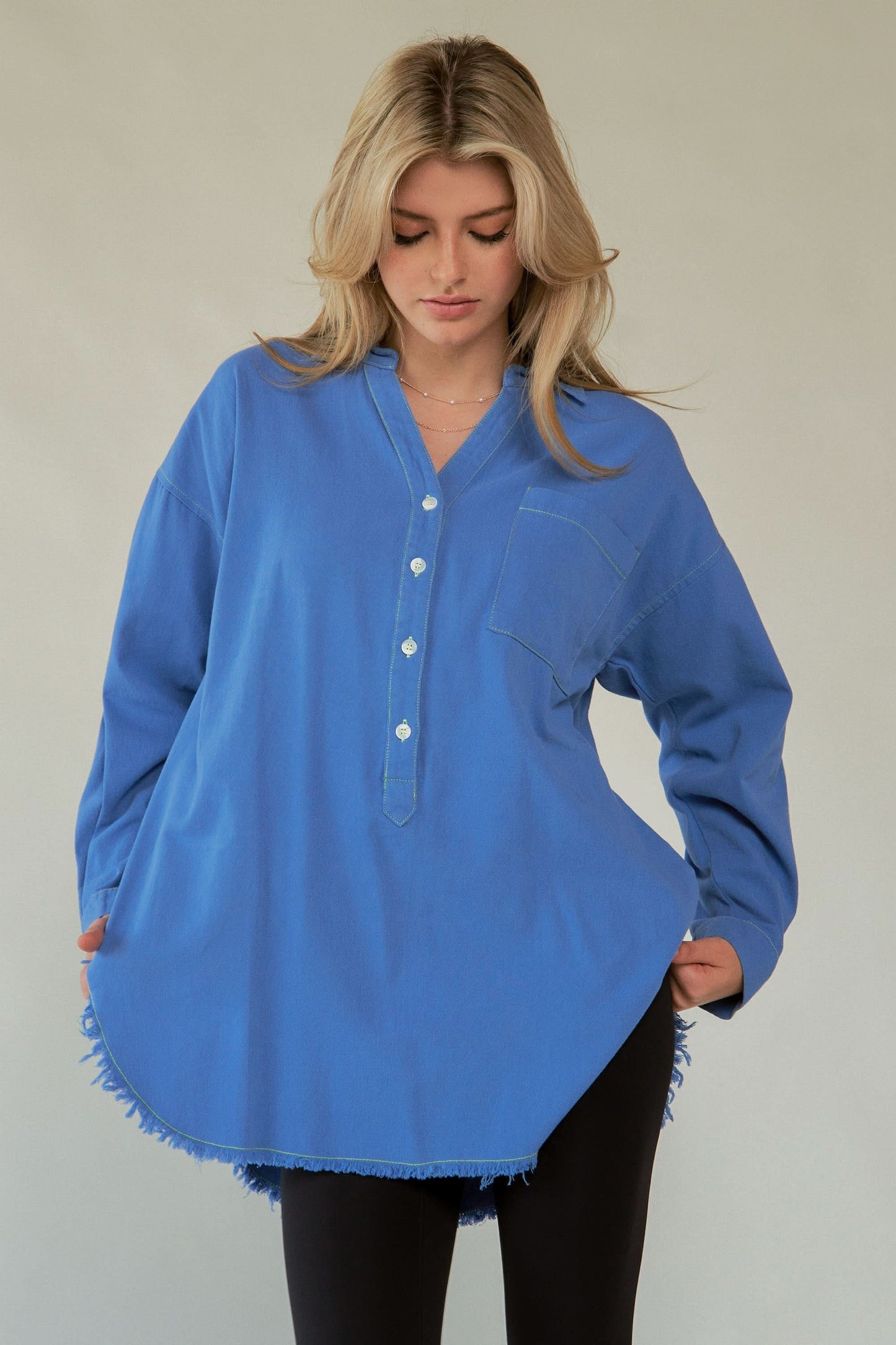 Lettered Back Raw Hem Button-Up Top