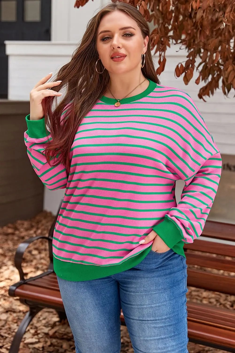 Cozy pink stripe plus size sweatshirt - Love Salve 