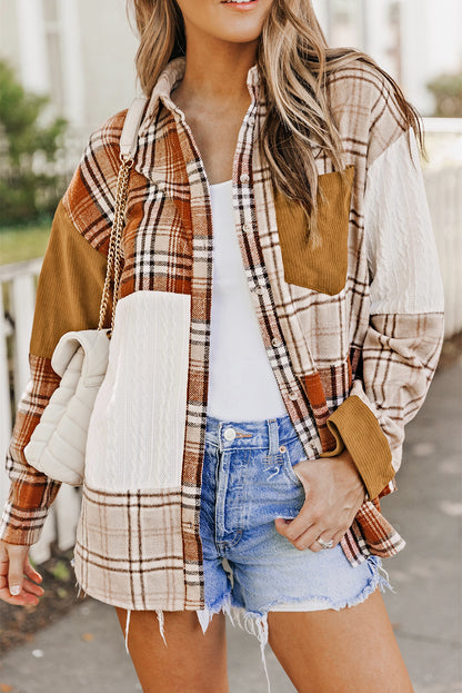 Vibrant orange plaid patchwork shirt jacket with practical pockets