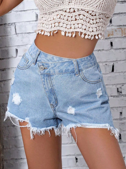 Distressed Raw Hem Denim Shorts.