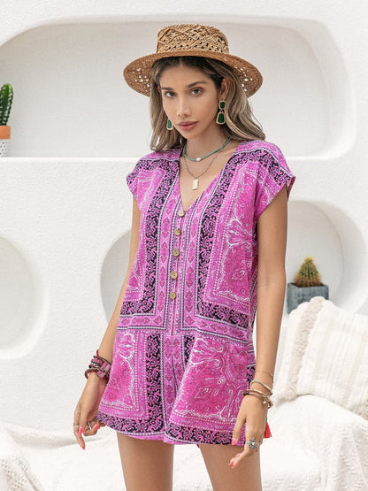 Printed V-Neck Cap Sleeve Romper.