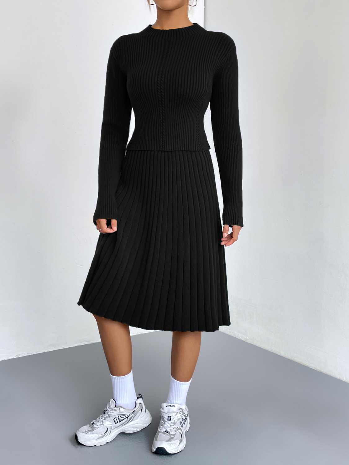 Rib-Knit Sweater and Skirt Set.