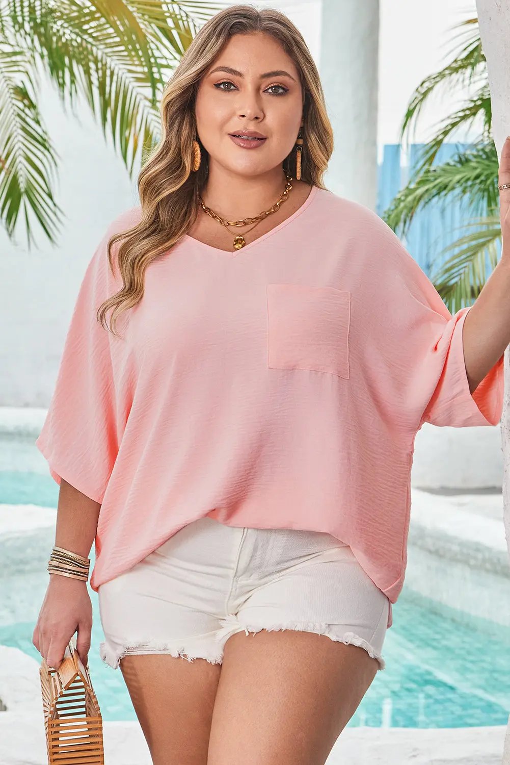 Pink Textured Half Sleeve V Neck Plus Size T Shirt with Chest Pocket - Love Salve 